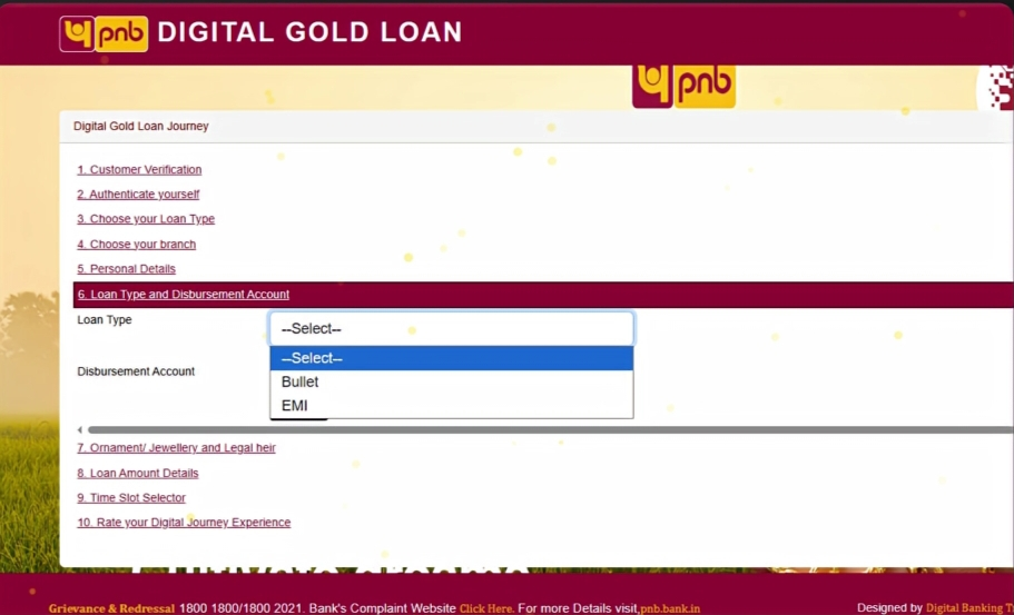 Select LoanType & Disbursement Account - PNB Digi Gold Loan