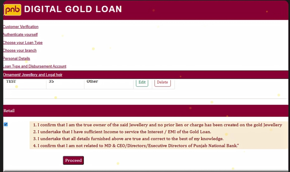Ornament / Jewellery & Legal Heir Details -PNB Digi Gold Loan