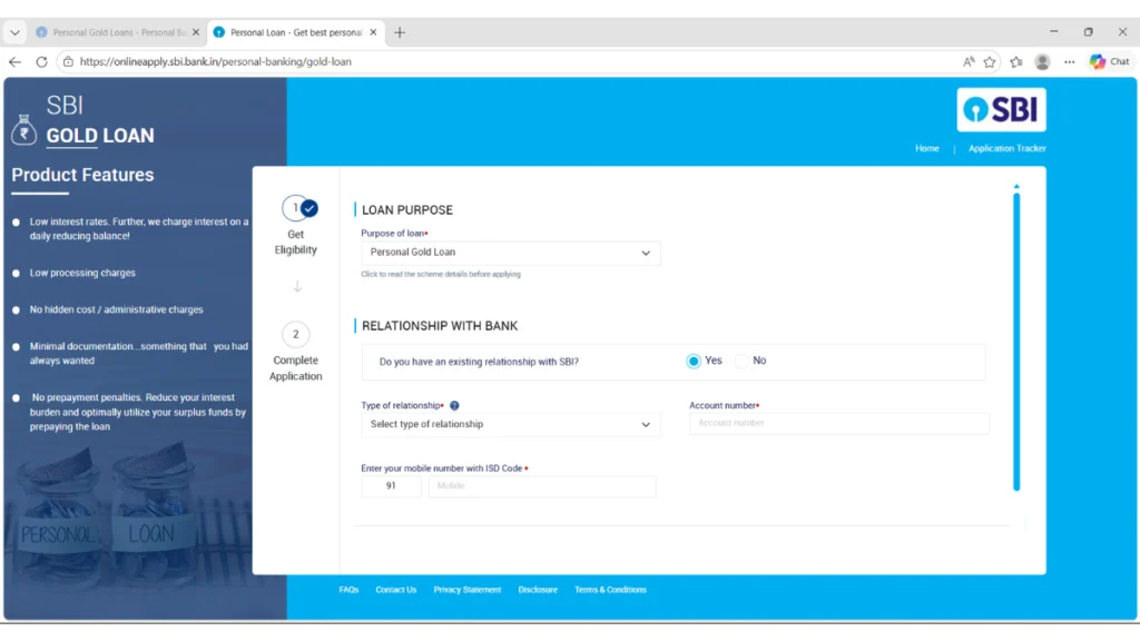 SBI Gold Loan Existing Customer Application Form