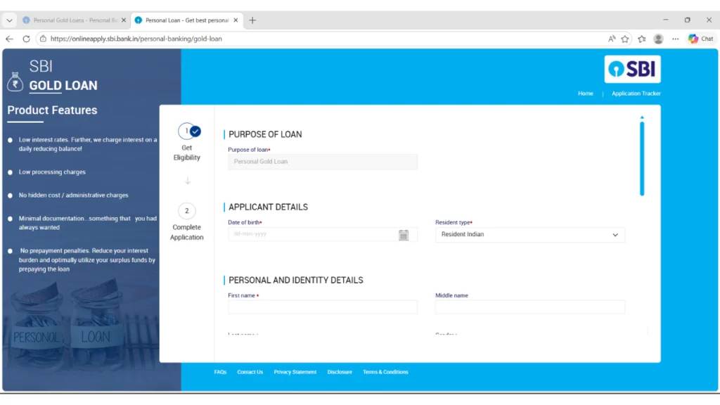 SBI Gold Loan First Time Customer Application Form